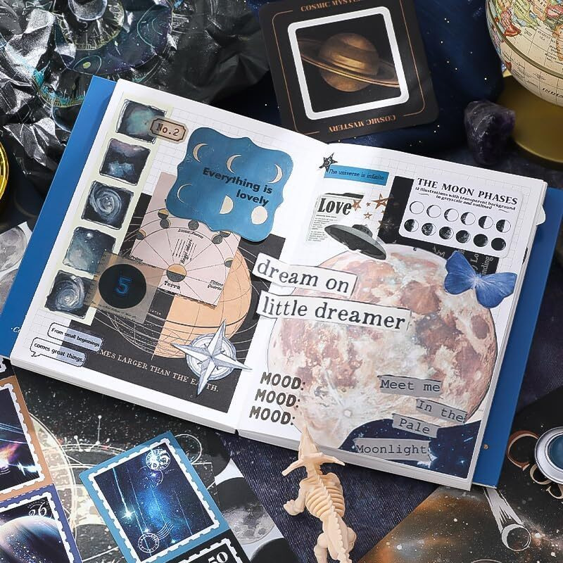 Vibevista Vintage Aesthetic Scrapbook Kit, 346 Pcs, A6 Grid Notebook, Washi , Envelopes, Scrapbook Papers, Folding Labels, Background Papers, Photo Frames, Calendar Stickers, Stickers (Black Space Comos)