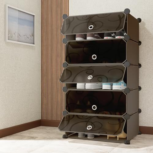 Aysis 5 Shelf Diy Shoe Rack Box Organizer ^ Multi-Purpose Plastic Shoe Rack For Home, Pp Plastic Home Shoe Rack With Door For Entryway, Chappal Slipper Shoe Standblack, 5-Shelf-5-Door