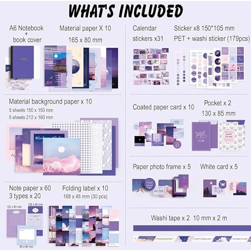 Vibe Vista Vintage Aesthetic Scrapbook Kit, 346 Pcs, A6 Grid Notebook, Washi, Envelopes, Scrapbook Papers, Folding Labels, Background Papers, Photo Frames, Calendar Stickers, Stickers (Moon Light)