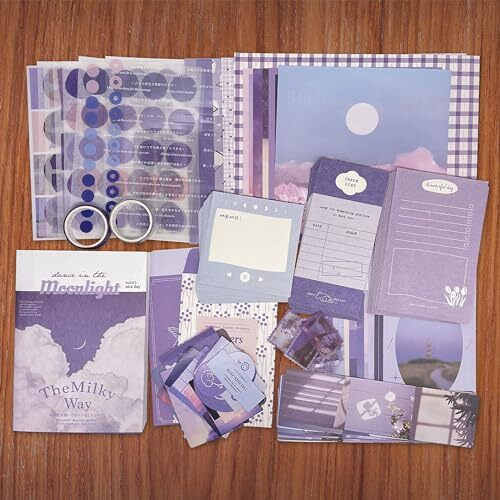 Vibe Vista Vintage Aesthetic Scrapbook Kit, 346 Pcs, A6 Grid Notebook, Washi, Envelopes, Scrapbook Papers, Folding Labels, Background Papers, Photo Frames, Calendar Stickers, Stickers (Moon Light)
