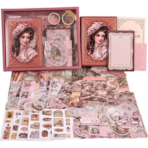 Vibe Vista Vintage Aesthetic Scrapbook Kit, 346 Pcs, A6 Grid Notebook, Washi, Envelopes, Scrapbook Papers, Folding Labels, Background Papers, Photo Frames, Calendar Stickers, Stickers (Vitorian Pink)