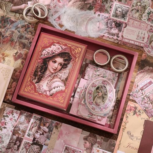 Vibe Vista Vintage Aesthetic Scrapbook Kit, 346 Pcs, A6 Grid Notebook, Washi, Envelopes, Scrapbook Papers, Folding Labels, Background Papers, Photo Frames, Calendar Stickers, Stickers (Vitorian Pink)