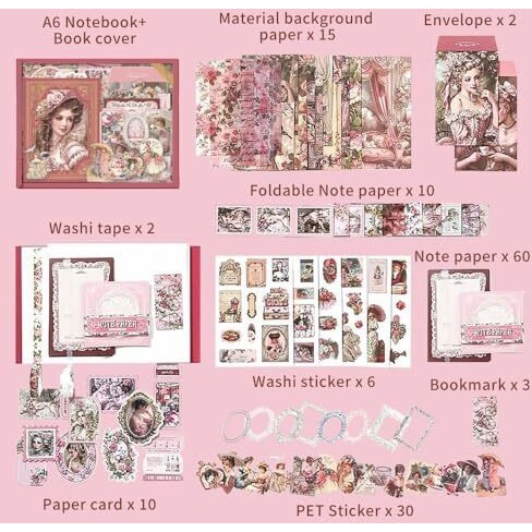 Vibe Vista Vintage Aesthetic Scrapbook Kit, 346 Pcs, A6 Grid Notebook, Washi, Envelopes, Scrapbook Papers, Folding Labels, Background Papers, Photo Frames, Calendar Stickers, Stickers (Vitorian Pink)