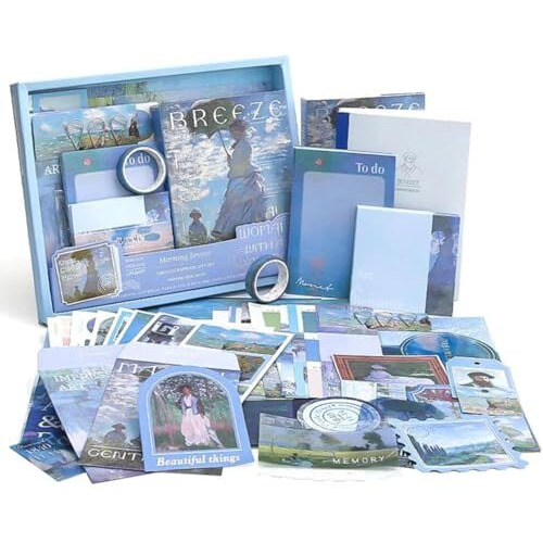 Vibevista Vintage Aesthetic Scrapbook Kit, 346 Pcs, A6 Grid Notebook, Washi , Envelopes, Scrapbook Papers, Folding Labels, Background Papers, Photo Frames, Calendar Stickers, Stickers (Morning Breeze, Blue)