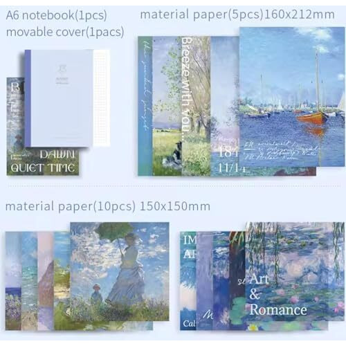 Vibevista Vintage Aesthetic Scrapbook Kit, 346 Pcs, A6 Grid Notebook, Washi , Envelopes, Scrapbook Papers, Folding Labels, Background Papers, Photo Frames, Calendar Stickers, Stickers (Morning Breeze, Blue)