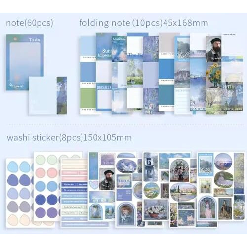 Vibevista Vintage Aesthetic Scrapbook Kit, 346 Pcs, A6 Grid Notebook, Washi , Envelopes, Scrapbook Papers, Folding Labels, Background Papers, Photo Frames, Calendar Stickers, Stickers (Morning Breeze, Blue)
