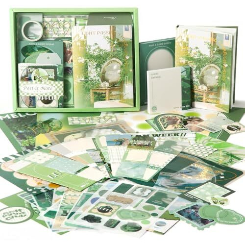 Vibevista Vintage Aesthetic Scrapbook Kit, 346 Pcs, A6 Grid Notebook, Washi , Envelopes, Scrapbook Papers, Folding Labels, Background Papers, Photo Frames, Calendar Stickers, Stickers (Poetry Of Misty Island,Green)