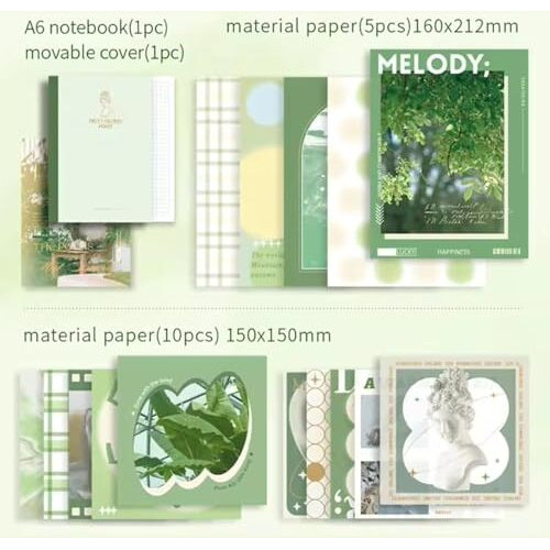 Vibevista Vintage Aesthetic Scrapbook Kit, 346 Pcs, A6 Grid Notebook, Washi , Envelopes, Scrapbook Papers, Folding Labels, Background Papers, Photo Frames, Calendar Stickers, Stickers (Poetry Of Misty Island,Green)