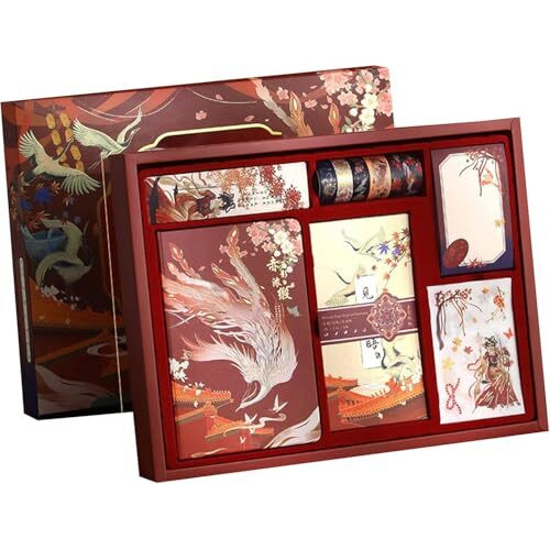 Vibe Vista Vintage Aesthetic Scrapbook Kit, 346 Pcs, A6 Grid Notebook, Washi, Envelopes, Scrapbook Papers, Folding Labels, Background Papers, Photo Frames, Calendar Stickers, Stickers (Red Phoenix)