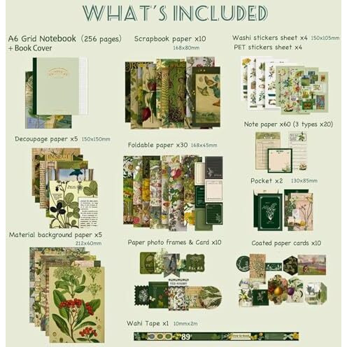 Vibevista Vintage Aesthetic Scrapbook Kit, 346 Pcs, A6 Grid Notebook, Washi , Envelopes, Scrapbook Papers, Folding Labels, Background Papers, Photo Frames, Calendar Stickers, Stickers (Cyan Looked At Wild Dome, Green)