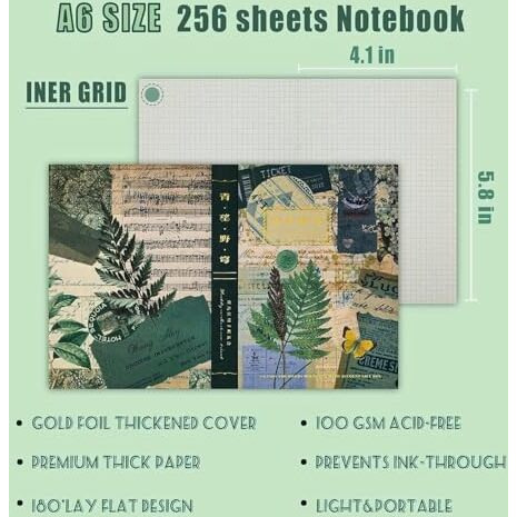 Vibevista Vintage Aesthetic Scrapbook Kit, 346 Pcs, A6 Grid Notebook, Washi , Envelopes, Scrapbook Papers, Folding Labels, Background Papers, Photo Frames, Calendar Stickers, Stickers (Cyan Looked At Wild Dome, Green)
