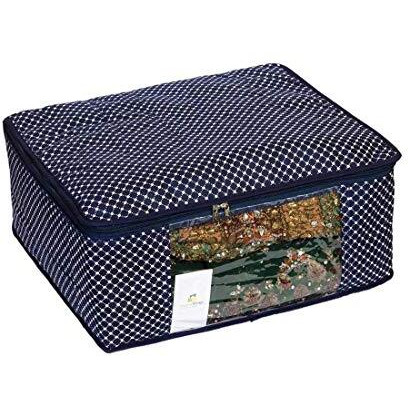 Homestrap Set Of 4 Cotton Quilted Saree Covers | 3-Layered Foldable Storage Bags With Transparent Window & Zip | Premium Wardrobe Organizer For Sarees, Lehengas, Dresses | Navy Blue
