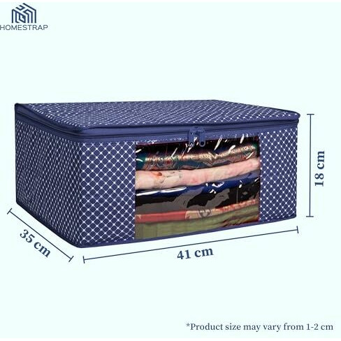 Homestrap Set Of 4 Cotton Quilted Saree Covers | 3-Layered Foldable Storage Bags With Transparent Window & Zip | Premium Wardrobe Organizer For Sarees, Lehengas, Dresses | Navy Blue