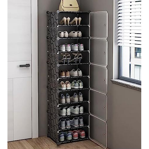 Aysis 10 Shelf Diy Shoe Rack Box Organizer ^ Multi-Purpose Plastic Shoe Rack For Home, Pp Plastic Home Shoe Rack With Door For Entryway, Chappal Slipper Shoe Standblack, 10-Shelf-5-Door
