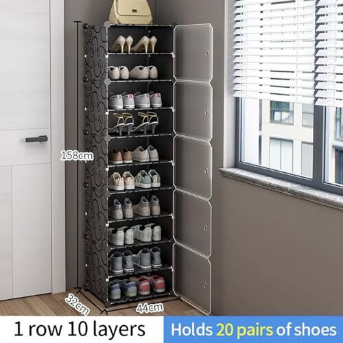 Aysis 10 Shelf Diy Shoe Rack Box Organizer ^ Multi-Purpose Plastic Shoe Rack For Home, Pp Plastic Home Shoe Rack With Door For Entryway, Chappal Slipper Shoe Standblack, 10-Shelf-5-Door