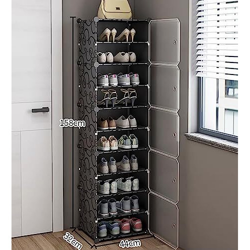 Aysis 10 Shelf Diy Shoe Rack Box Organizer ^ Multi-Purpose Plastic Shoe Rack For Home, Pp Plastic Home Shoe Rack With Door For Entryway, Chappal Slipper Shoe Standblack, 10-Shelf-5-Door