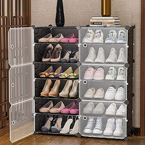Aysis 12 Shelf Diy Shoe Rack Box Organizer ^ Multi-Purpose Plastic Shoe Rack For Home, Pp Plastic Home Shoe Rack With Door For Entryway, Chappal Slipper Shoe Standblack, 12-Shelf-6-Door