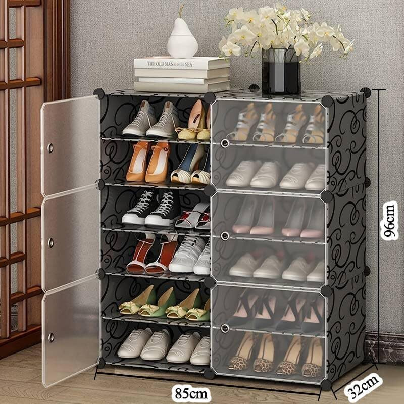 Aysis 12 Shelf Diy Shoe Rack Box Organizer ^ Multi-Purpose Plastic Shoe Rack For Home, Pp Plastic Home Shoe Rack With Door For Entryway, Chappal Slipper Shoe Standblack, 12-Shelf-6-Door