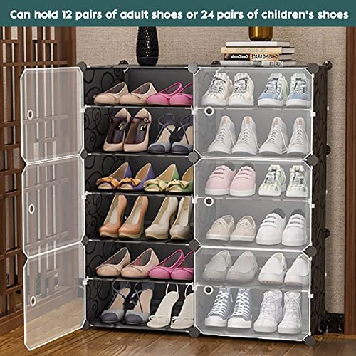 Aysis 12 Shelf Diy Shoe Rack Box Organizer ^ Multi-Purpose Plastic Shoe Rack For Home, Pp Plastic Home Shoe Rack With Door For Entryway, Chappal Slipper Shoe Standblack, 12-Shelf-6-Door