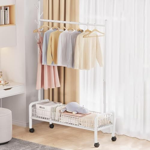 Lukzer Mgr-001 Metal Garment Rack With Wheels & Bottom Shelf  1-Rod Cloth Stand For Hanging Clothes, Bags & Storage | Multi-Functional Closet Organizer With Mesh Design (173 X 90 X 35 Cm, White)
