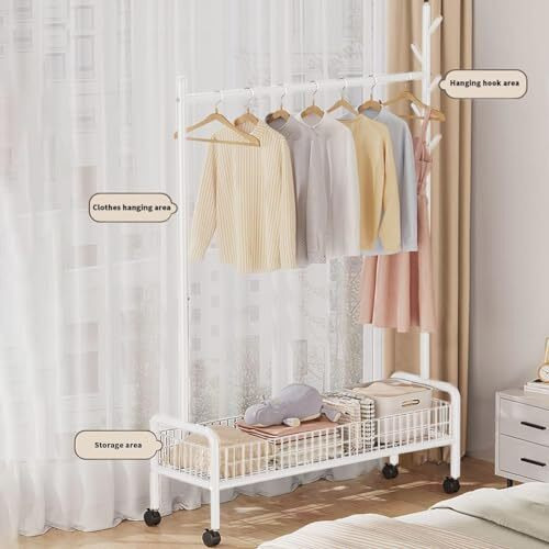 Lukzer Mgr-001 Metal Garment Rack With Wheels & Bottom Shelf  1-Rod Cloth Stand For Hanging Clothes, Bags & Storage | Multi-Functional Closet Organizer With Mesh Design (173 X 90 X 35 Cm, White)