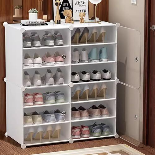 Aysis 12 Shelf Diy Shoe Rack Box Organizer ^ Multi-Purpose Plastic Shoe Rack For Home, Pp Plastic Home Shoe Rack With Door For Entryway, Chappal Slipper Shoe Standwhite, 12-Shelf-4-Door