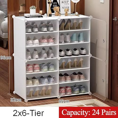 Aysis 12 Shelf Diy Shoe Rack Box Organizer ^ Multi-Purpose Plastic Shoe Rack For Home, Pp Plastic Home Shoe Rack With Door For Entryway, Chappal Slipper Shoe Standwhite, 12-Shelf-4-Door