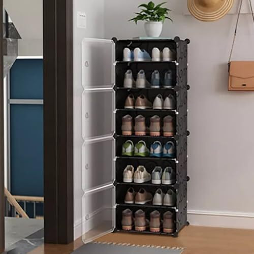 Aysis 7 Shelf Diy Shoe Rack Box Organizer ^ Multi-Purpose Plastic Shoe Rack For Home, Pp Plastic Home Shoe Rack With Door For Entryway, Chappal Slipper Shoe Standblack, 7-Shelf-4-Door