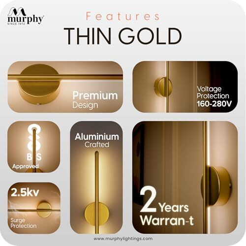 Murphy Led Wall Highlighter  Modern Aluminum Sconce, 3-In-1 Colour Changing Wall Light, Sleek Golden Finish  Easy Install, 2-Year Warranty-Pack Of 5