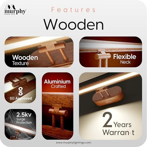 Murphy 12W 3-In-1 Color Chnaging Wooden Finish Led Mirror Picture Wall Light,Bathroom Vanity Led Mirror Light With 2 Year Warranty (Cool White/Warm White/Natural White)-Pack Of 1