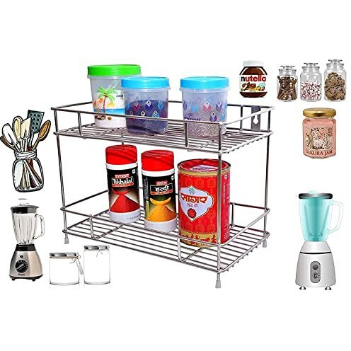 Zepdos Stainless Steel 2-Tier Spice Rack For Kitchen Trolley Basket, Storage Racks & Shelves, Space Saver, 2.0 Rack (Silver, Tiered Shelf) - Tabletop