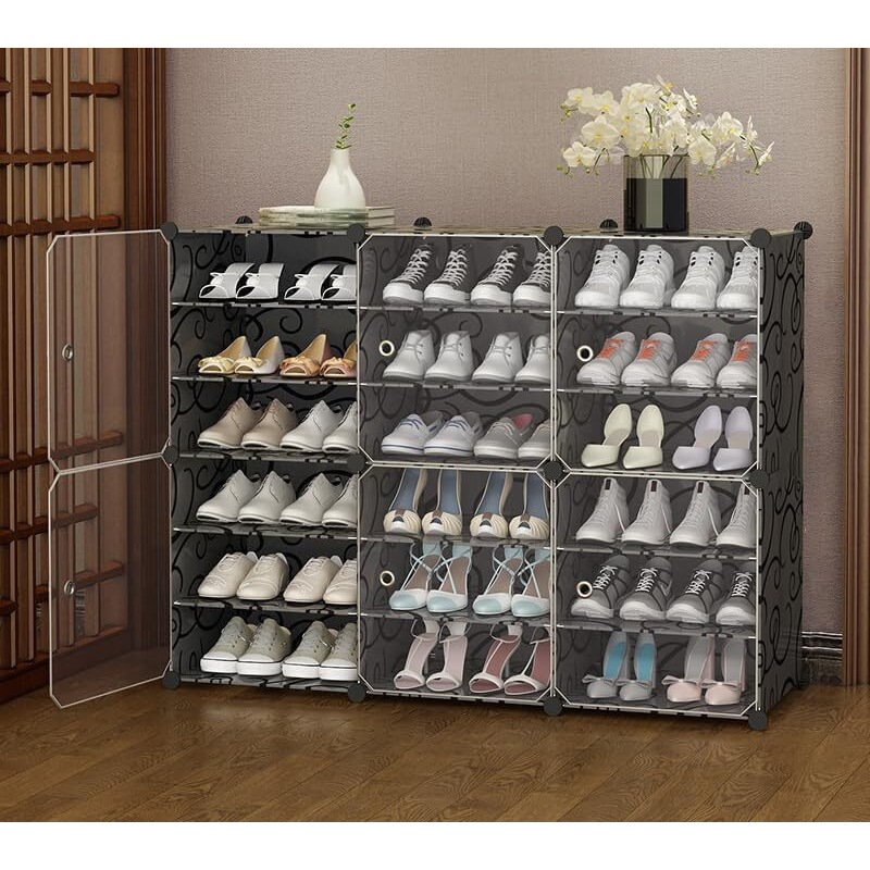 Aysis 18 Shelf Diy Shoe Rack Box Organizer ^ Multi-Purpose Plastic Shoe Rack For Home, Pp Plastic Home Shoe Rack With Door For Entryway, Chappal Slipper Shoe Standblack, 18-Shelf-6-Door
