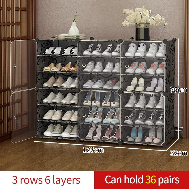Aysis 18 Shelf Diy Shoe Rack Box Organizer ^ Multi-Purpose Plastic Shoe Rack For Home, Pp Plastic Home Shoe Rack With Door For Entryway, Chappal Slipper Shoe Standblack, 18-Shelf-6-Door