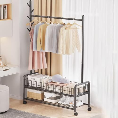Lukzer Mgr-004 2-Bottom Garment Rack & Cloth Stand  Metal Coat Organizer With Wheels For Hanging Clothes & Bags | Single Rod Closet Organizer With Shelf & Mesh Design (173 X 120 X 35 Cm, Black)