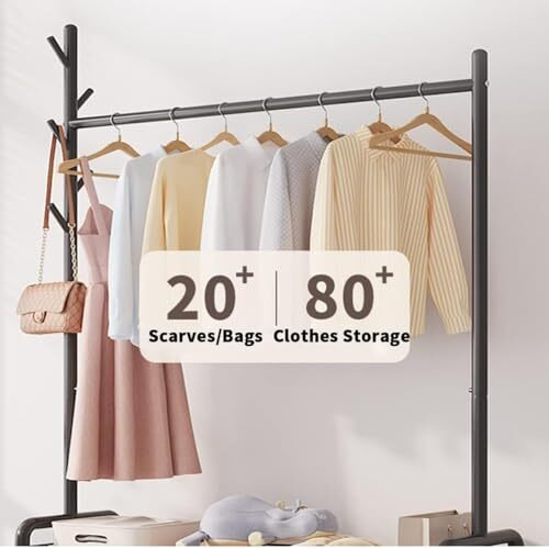 Lukzer Mgr-004 2-Bottom Garment Rack & Cloth Stand  Metal Coat Organizer With Wheels For Hanging Clothes & Bags | Single Rod Closet Organizer With Shelf & Mesh Design (173 X 120 X 35 Cm, Black)