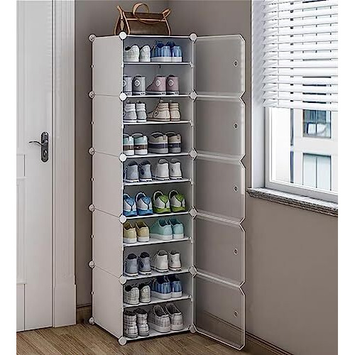 Aysis 10 Shelf Diy Shoe Rack Box Organizer ^ Multi-Purpose Plastic Shoe Rack For Home, Pp Plastic Home Shoe Rack With Door For Entryway, Chappal Slipper Shoe Standwhite, 10-Shelf-5-Door