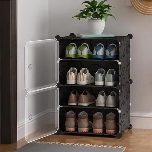 Aysis 4 Shelf Diy Shoe Rack Box Organizer ^ Multi-Purpose Plastic Shoe Rack For Home, Pp Plastic Home Shoe Rack With Door For Entryway, Chappal Slipper Shoe Standblack, 4-Shelf-2-Door