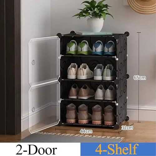 Aysis 4 Shelf Diy Shoe Rack Box Organizer ^ Multi-Purpose Plastic Shoe Rack For Home, Pp Plastic Home Shoe Rack With Door For Entryway, Chappal Slipper Shoe Standblack, 4-Shelf-2-Door