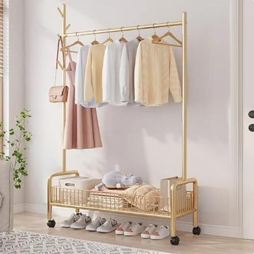 Lukzer Mgr-001 1-Bottom Garment Rack & Cloth Stand  Metal Coat Stand With Wheels For Hanging Clothes & Bags | Single Rod Storage Organizer With Shelf & Mesh Design (173 X 90 X 35 Cm, Gold)