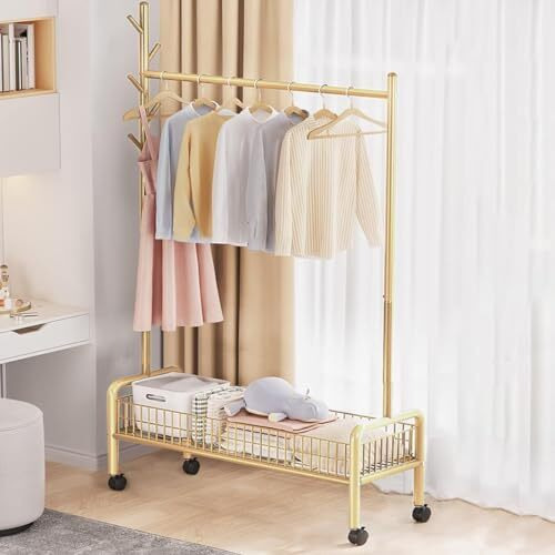 Lukzer Mgr-001 1-Bottom Garment Rack & Cloth Stand  Metal Coat Stand With Wheels For Hanging Clothes & Bags | Single Rod Storage Organizer With Shelf & Mesh Design (173 X 90 X 35 Cm, Gold)