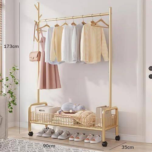 Lukzer Mgr-001 1-Bottom Garment Rack & Cloth Stand  Metal Coat Stand With Wheels For Hanging Clothes & Bags | Single Rod Storage Organizer With Shelf & Mesh Design (173 X 90 X 35 Cm, Gold)