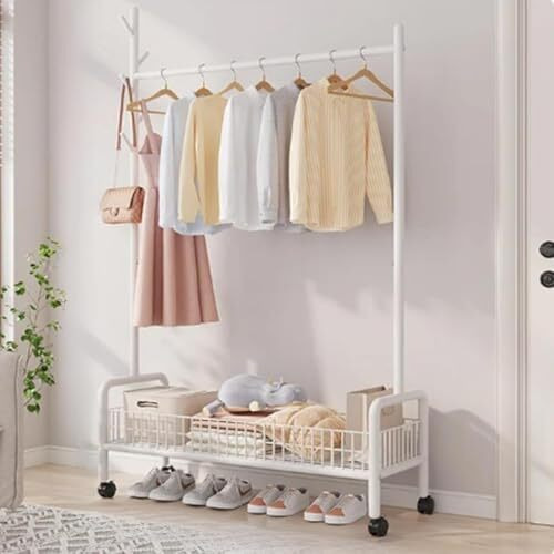 Lukzer Mgr-003 1-Bottom Garment Rack & Cloth Stand  Metal Coat Organizer With Wheels For Hanging Clothes & Bags | Single Rod Closet Organizer With Shelf & Mesh Design (173 X 120 X 35 Cm, White)