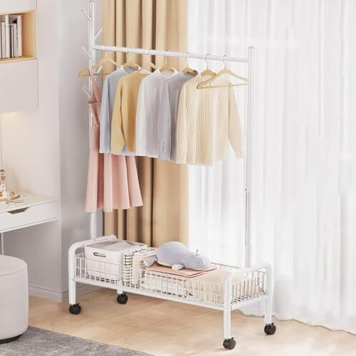 Lukzer Mgr-003 1-Bottom Garment Rack & Cloth Stand  Metal Coat Organizer With Wheels For Hanging Clothes & Bags | Single Rod Closet Organizer With Shelf & Mesh Design (173 X 120 X 35 Cm, White)