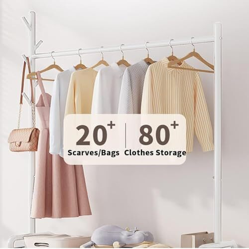 Lukzer Mgr-003 1-Bottom Garment Rack & Cloth Stand  Metal Coat Organizer With Wheels For Hanging Clothes & Bags | Single Rod Closet Organizer With Shelf & Mesh Design (173 X 120 X 35 Cm, White)