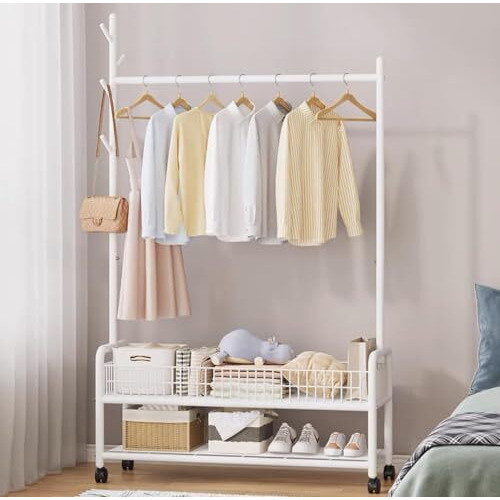 Lukzer Mgr-004 2-Bottom Garment Rack & Cloth Stand  Metal Coat Organizer With Wheels For Hanging Clothes & Bags | Single Rod Closet Organizer With Shelf & Mesh Design (173 X 120 X 35 Cm, White)