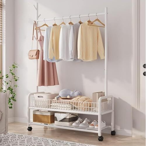 Lukzer Mgr-004 2-Bottom Garment Rack & Cloth Stand  Metal Coat Organizer With Wheels For Hanging Clothes & Bags | Single Rod Closet Organizer With Shelf & Mesh Design (173 X 120 X 35 Cm, White)