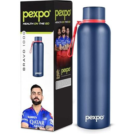 Pexpo Bravo Pro 1000Ml Hot & Cold Isi Certified Flask- Denim Blue- Stainless Steel Water Bottle | Office| Gym| Travelling| Home| School| Adults & Kids| Rcb Edition