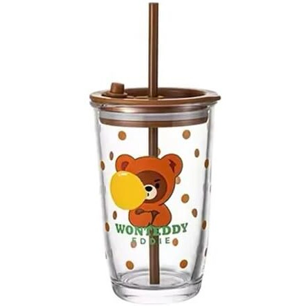 Kikiluxxa Glass Sipper With Lid And Straw Tumbler With Straw, 400 Ml-Set Of 1 - Cartoon Print, Fruit Juice Milk Glass Cup With Straw -Random Design (Cr Pizaatx 1)