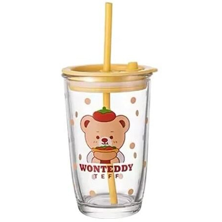 Kikiluxxa Glass Sipper With Lid And Straw Tumbler With Straw, 400 Ml-Set Of 1 - Cartoon Print, Fruit Juice Milk Glass Cup With Straw -Random Design (Cr Pizaatx 1)