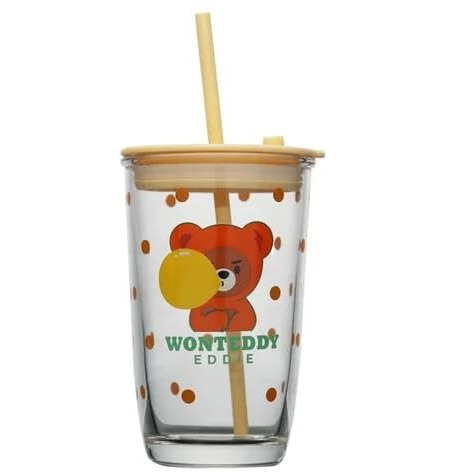 Kikiluxxa Glass Sipper With Lid And Straw Tumbler With Straw, 400 Ml-Set Of 1 - Cartoon Print, Fruit Juice Milk Glass Cup With Straw -Random Design (Cr Pizaatx 1)